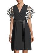 Lace-sleeve Faux-wrap Dress