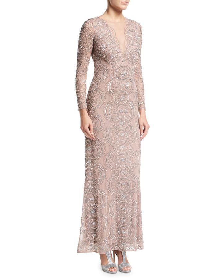 Beaded Illusion-neck Long-sleeve Cutout-back Evening Gown