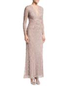 Beaded Illusion-neck Long-sleeve Cutout-back Evening Gown