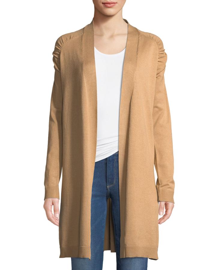 Shirred-shoulder Open Front Duster Cardigan