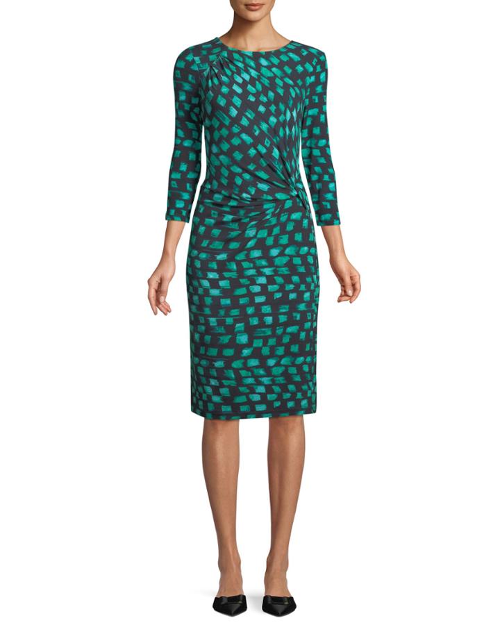 Round-neck 3/4-sleeve Vivid-print Twist-front Dress