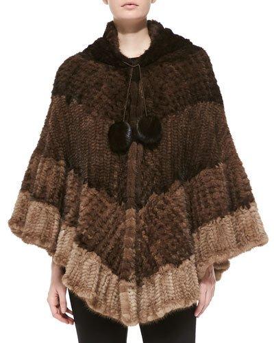 Colorblock Mink Fur Poncho, Brown