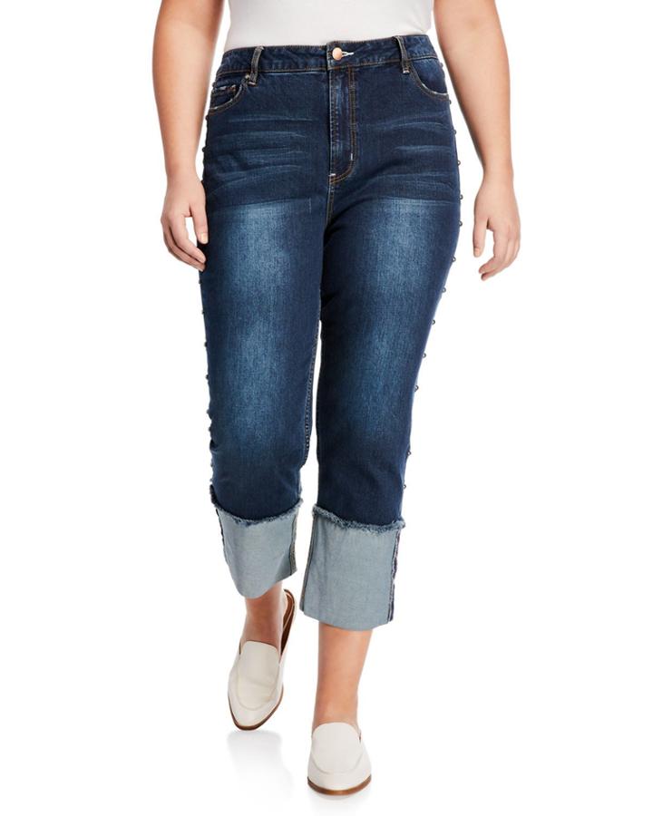 Wide-cuffed Straight-leg Jeans W/ Studded Sides,