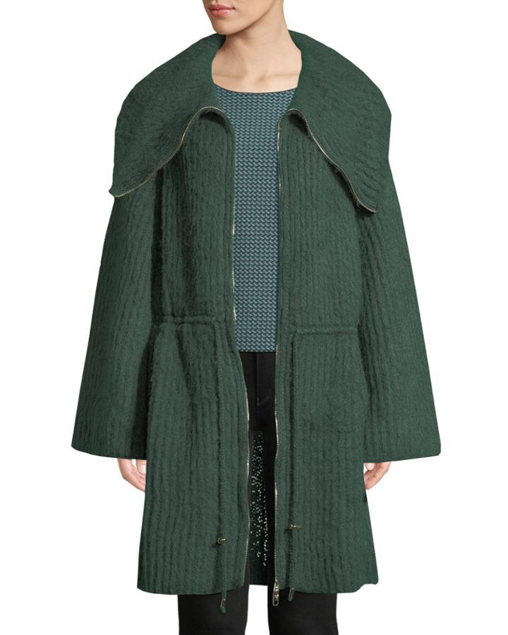 Zip-front Ruched-waist Mohair-blend Sweater W/ Exaggerated Collar
