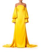 Off-the-shoulder Balloon-sleeve Train-back Gown
