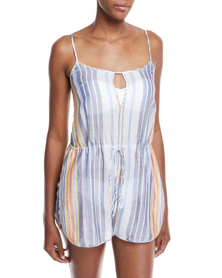 Keyhole Sleeveless Striped Cotton-silk Romper