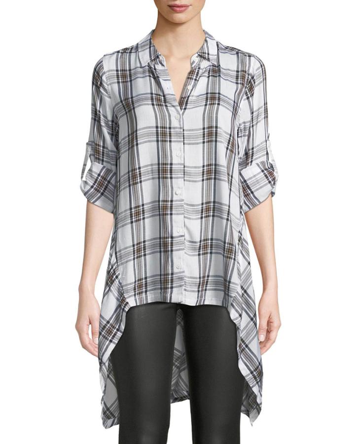 Plaid Tab-sleeve High-low Tunic