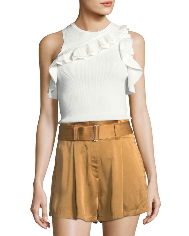 Palmer Sleeveless Rib-knit Top W/ Ruffled Trim