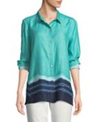 Tie-dye Hem Linen Button-front Blouse