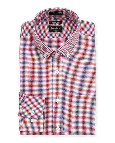 Trim-fit Non-iron Plaid Sport Shirt, Red/blue