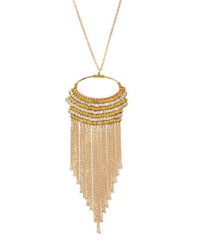 Long Golden Beaded Fringe Pendant Necklace