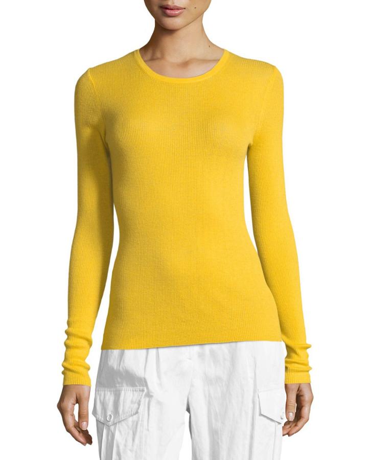 Crewneck Long-sleeve Ribbed Cashmere Top