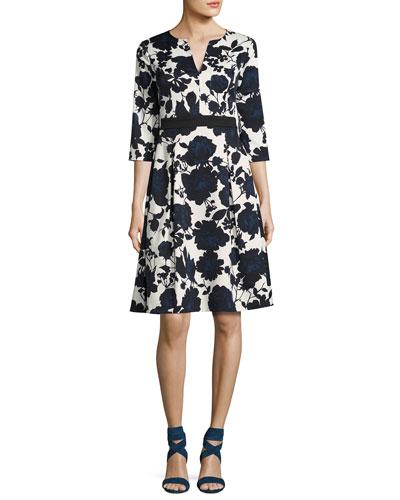 Ella 3/4-sleeve Floral Ottoman Dress, Blue