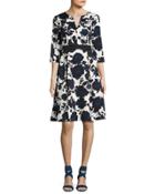 Ella 3/4-sleeve Floral Ottoman Dress, Blue