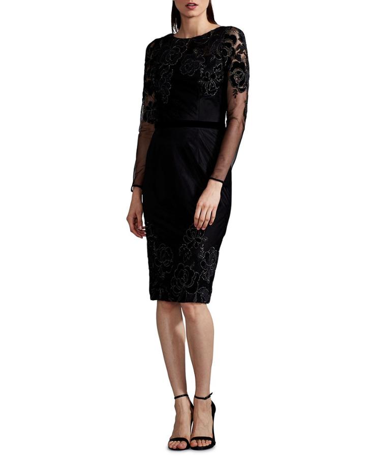 Embroidered Long-sleeve Cocktail Dress