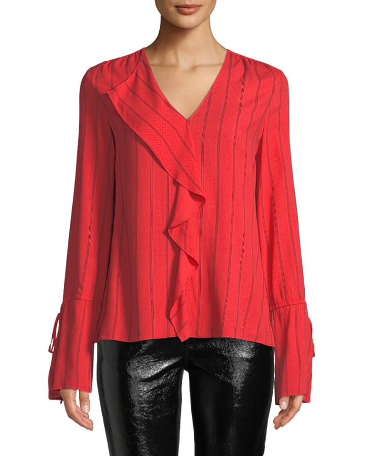 Striped V-neck Ruffle Long-sleeve Blouse