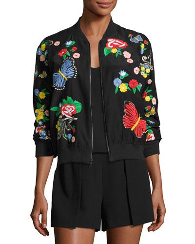Felisa Embroidered Bomber Jacket, Black