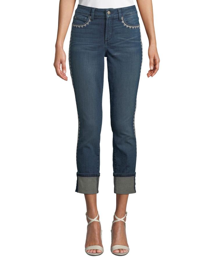 Alina High-rise Wide-cuff Embroidered Ankle Jeans