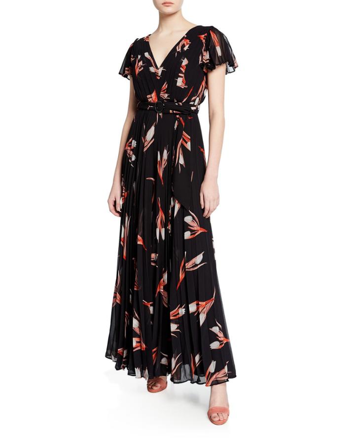 Floral-print Pleated Short-sleeve Belted Georgette Dress