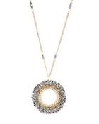 Long Wire-wrapped Crystal Circle Pendant Necklace, Gray