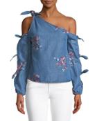One-shoulder Embroidered Chambray Blouse