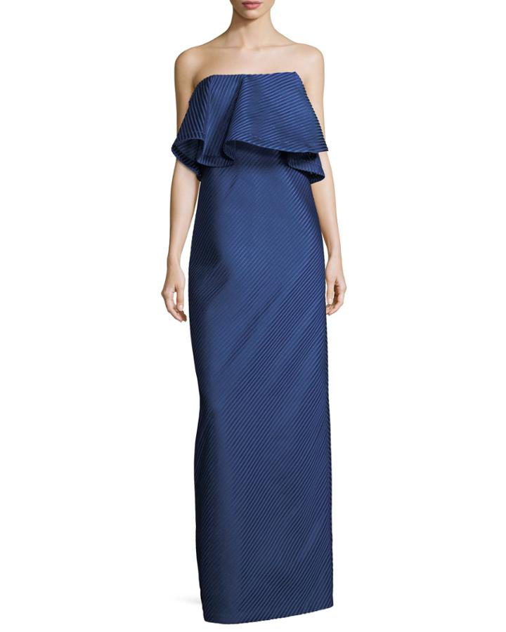 Strapless Flounce Mesh Stripe Evening Gown