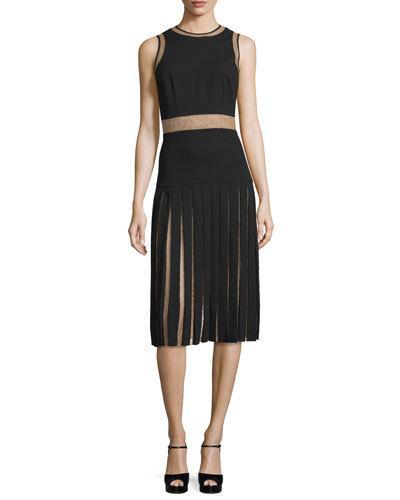 Sleeveless Pleated Dress W/lace Insets, Black