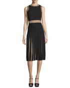 Sleeveless Pleated Dress W/lace Insets, Black