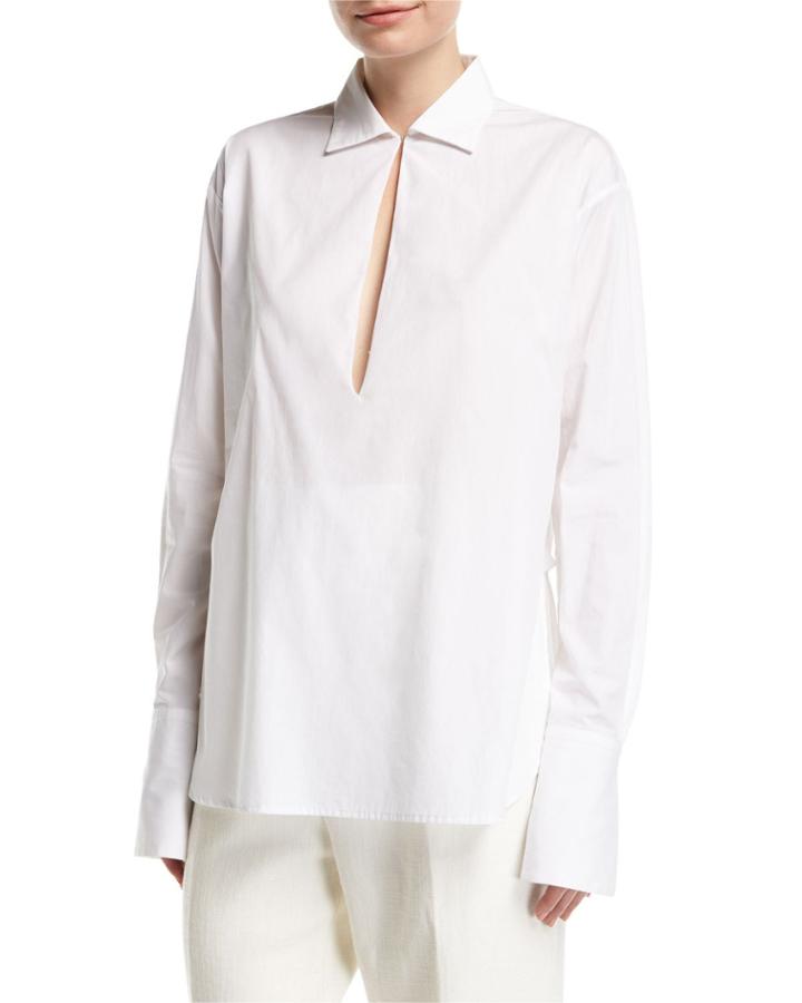 Collared Poplin Keyhole Blouse