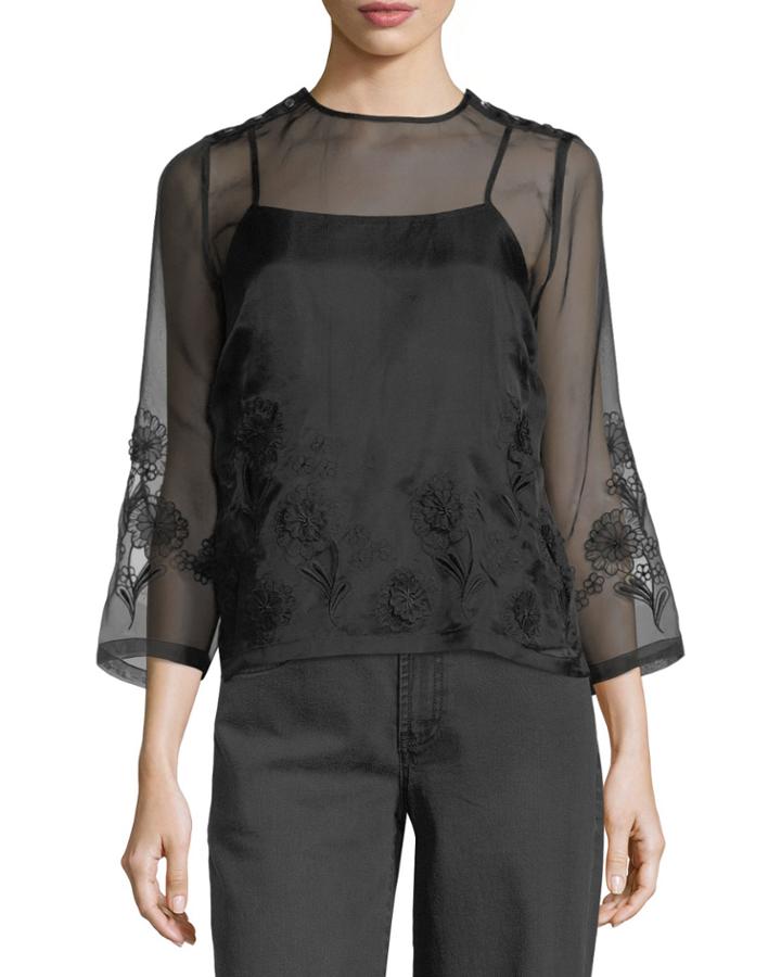 Embroidered Organza High-neck Top