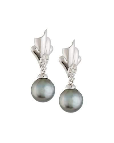 14k Sculptural Tahitian Pearl & Diamond Drop Earrings