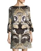 Embroidered Velvet Bell-sleeve Dress