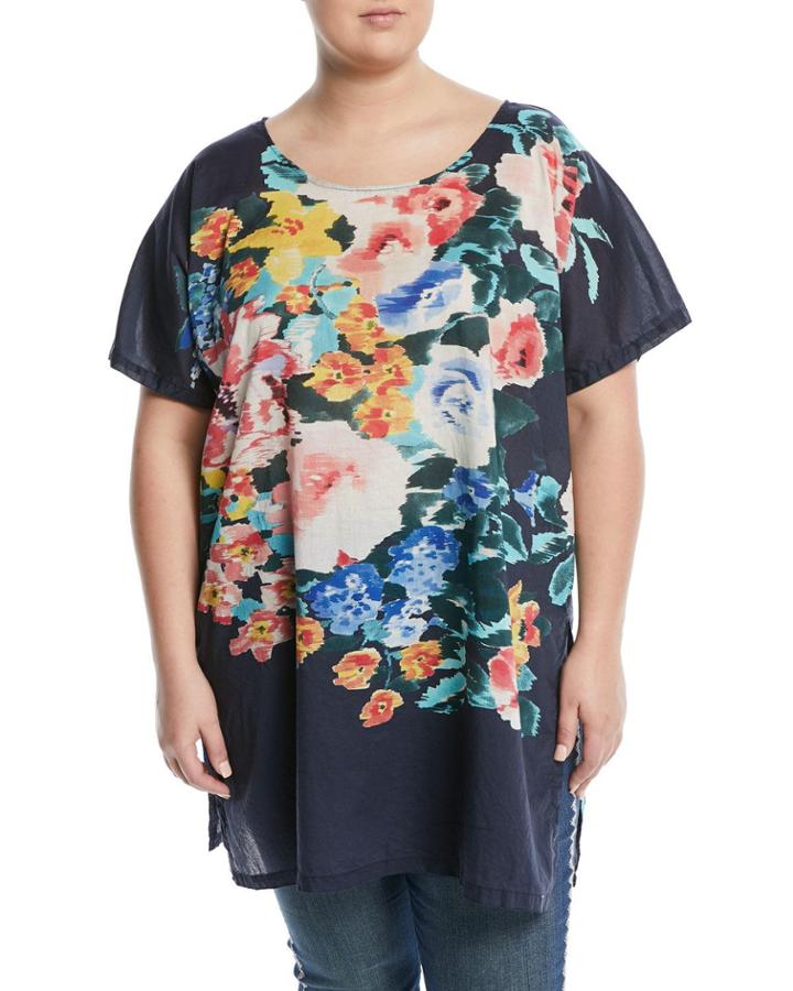 Bayla Long Floral-print Voile Tunic, Navy,