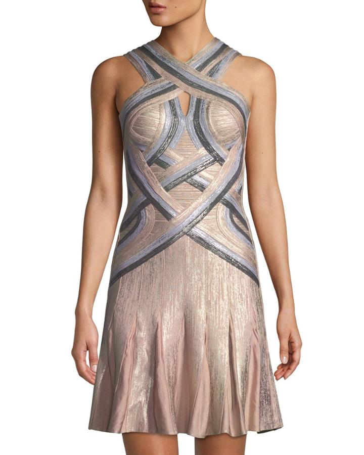 Tricolor Sleeveless Halter-neck Bandage Cocktail Dress