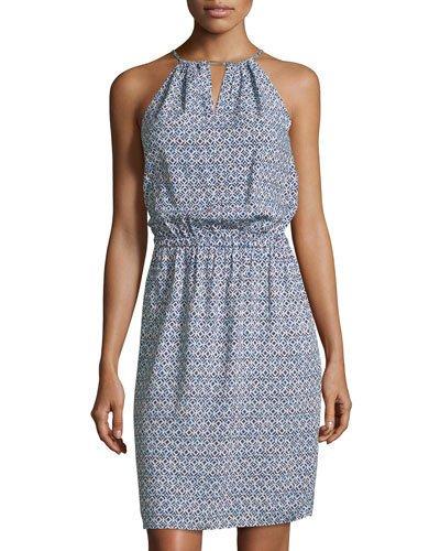 Printed Sleeveless Halter Dress, Real Navy