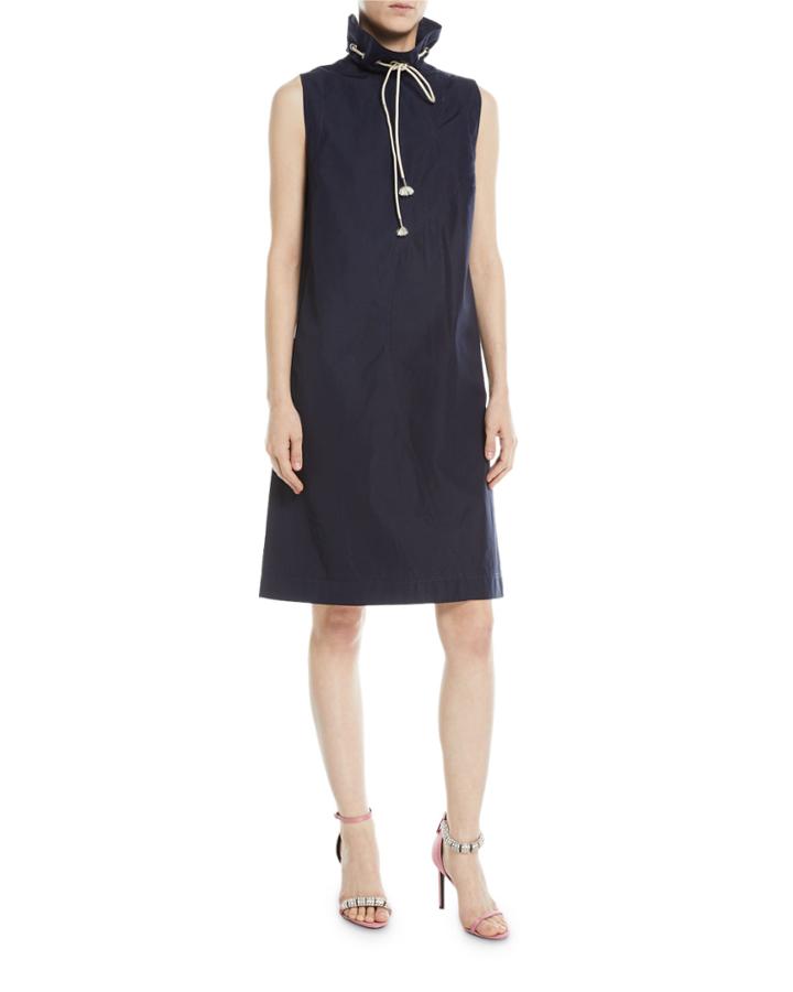 Sleeveless Drawstring Stand-neck A-line Cotton Dress