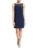 Bateau-neck Sleeveless Crepe Shift Dress W/ Floral Beaded Detail