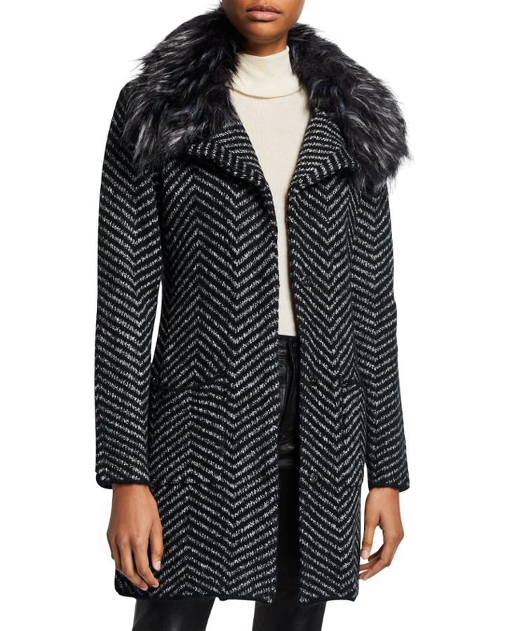 Faux Fur Collar Chevron Cardigan