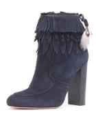 Fringed Suede Ankle Boot, Ink
