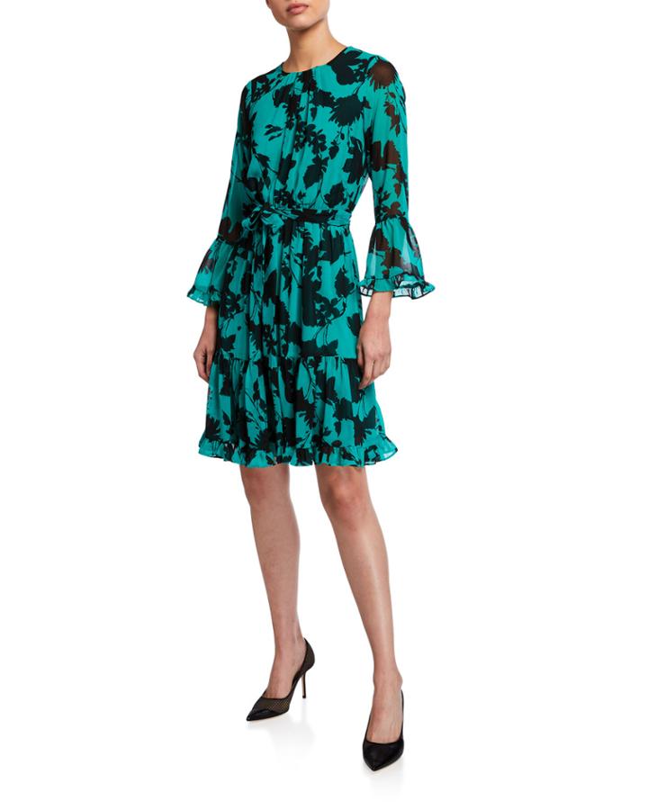 Floral Bell-sleeve Fit-&-flare Belted Dress