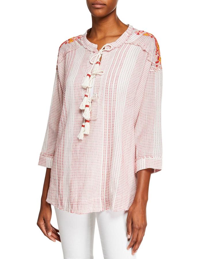 Jacques Lace-front 3/4-sleeve Tasseled Blouse