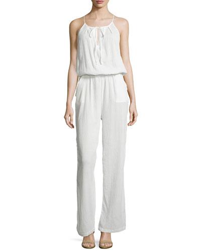 Sleeveless Keyhole Gauze Jumpsuit, Crane White