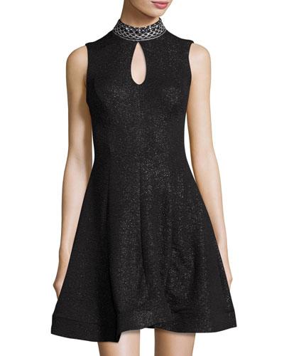 Sleeveless Embellished-neck Dress, Black