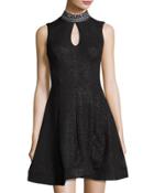Sleeveless Embellished-neck Dress, Black