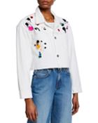 Rainbow Splatter Embellished Cropped Frayed Jacket