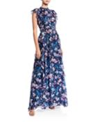 Triana Floral Clip Dot Flutter-sleeve Ruffle-trim Gown