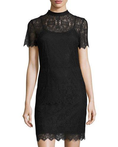 Short-sleeve Mock-neck Lace Minidress, Black