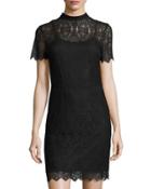 Short-sleeve Mock-neck Lace Minidress, Black