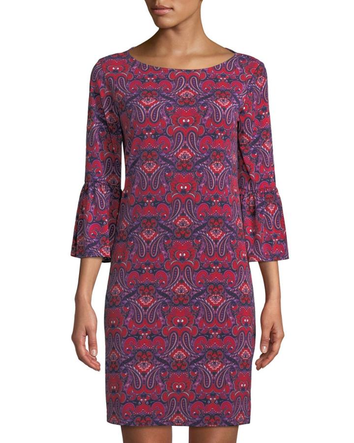 3/4-bell Sleeve Paisley Jersey Dress
