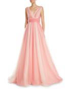 V-neck Belted Ombre-tulle A-line Gown